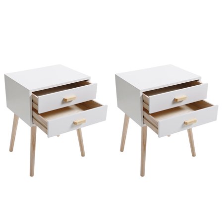 Canddidliike Set of 2 Wooden Bedside Furniture  2 Sliding Drawer Nightstand for Bedroom  White Sofa Side Table with Solid Wood Legs