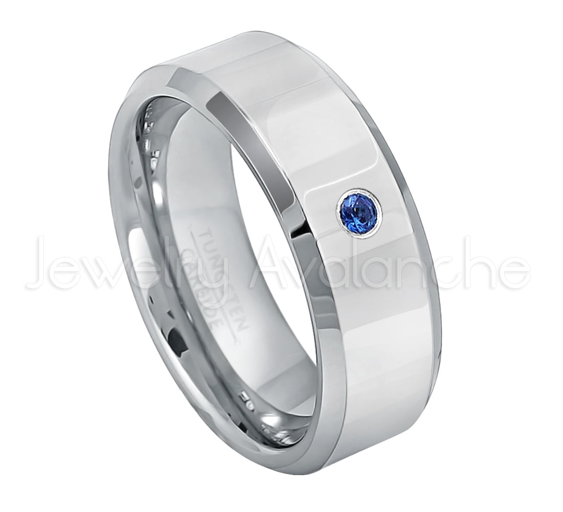 September Birthstone Ring 8MM Polished Dome Brushed Center Finish Comfort Fit White Wedding Band 0.07ct Blue Sapphire Solitaire Titanium Ring 