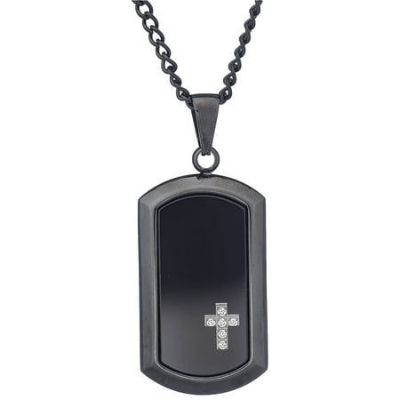 Jewelry Men's CZ Stainless Steel Black-Tone Cross Dog Tag Pendant, 24 Chain