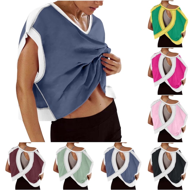 HVOBTTY T-Shirt de Plage d'Été Doux pour Femmes, Décontracté, Couleur Unie, Manches Courtes, Col Rond, Dos Ajouré, Sport, Entraînement, Course, Yoga, Haut, Noir, G