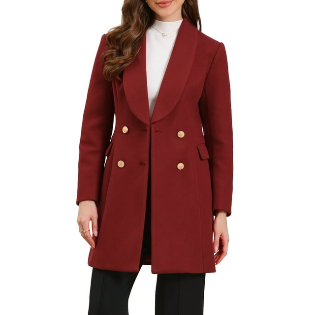 Abrigo de invierno de doble botonadura INSPIRE CHIC para mujer, con cuello de solapa, manga larga, abrigo exterior, talla XS, color burdeos
