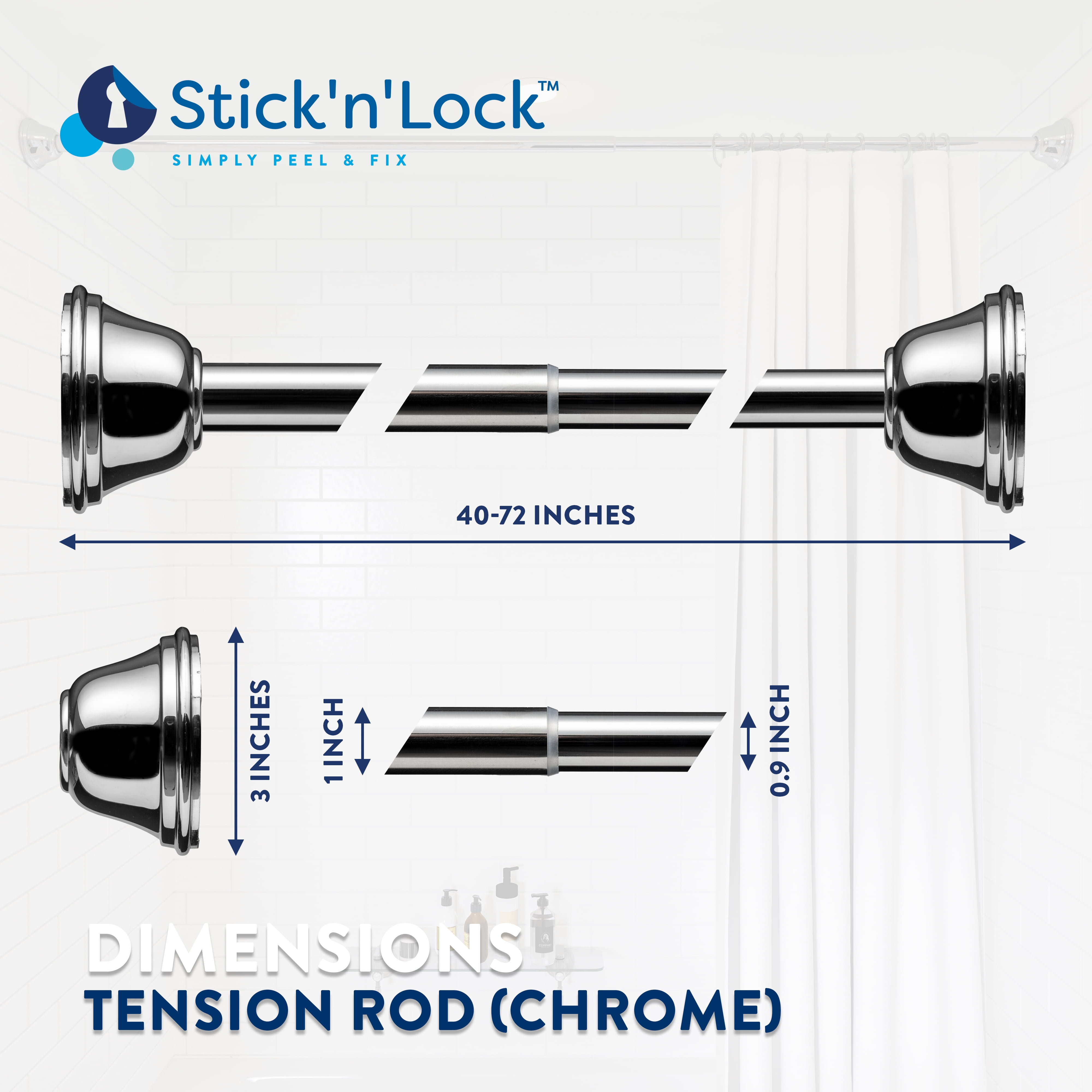Croydex Stick N Lock Tension Shower Curtain Rod Extends 40-72in, Stainless Steel in Chrome