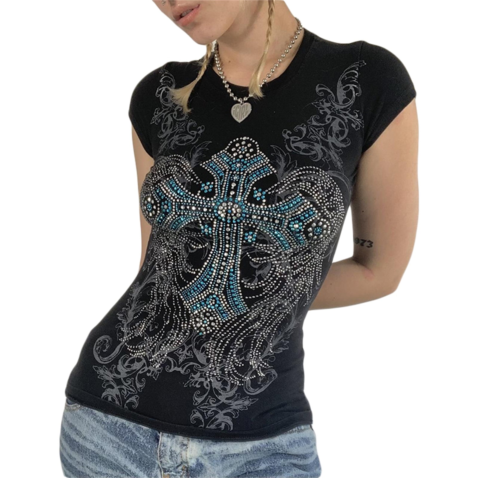 T Shirts for Women Fairy Grunge Clothes Cross Wings Print