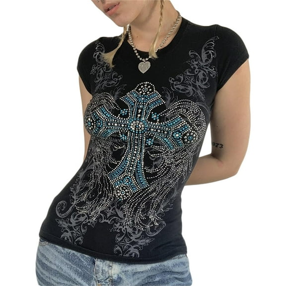 T Shirts for Women Fairy Grunge Clothes Cross Wings Print Short Sleeve Tops 2000s Tees