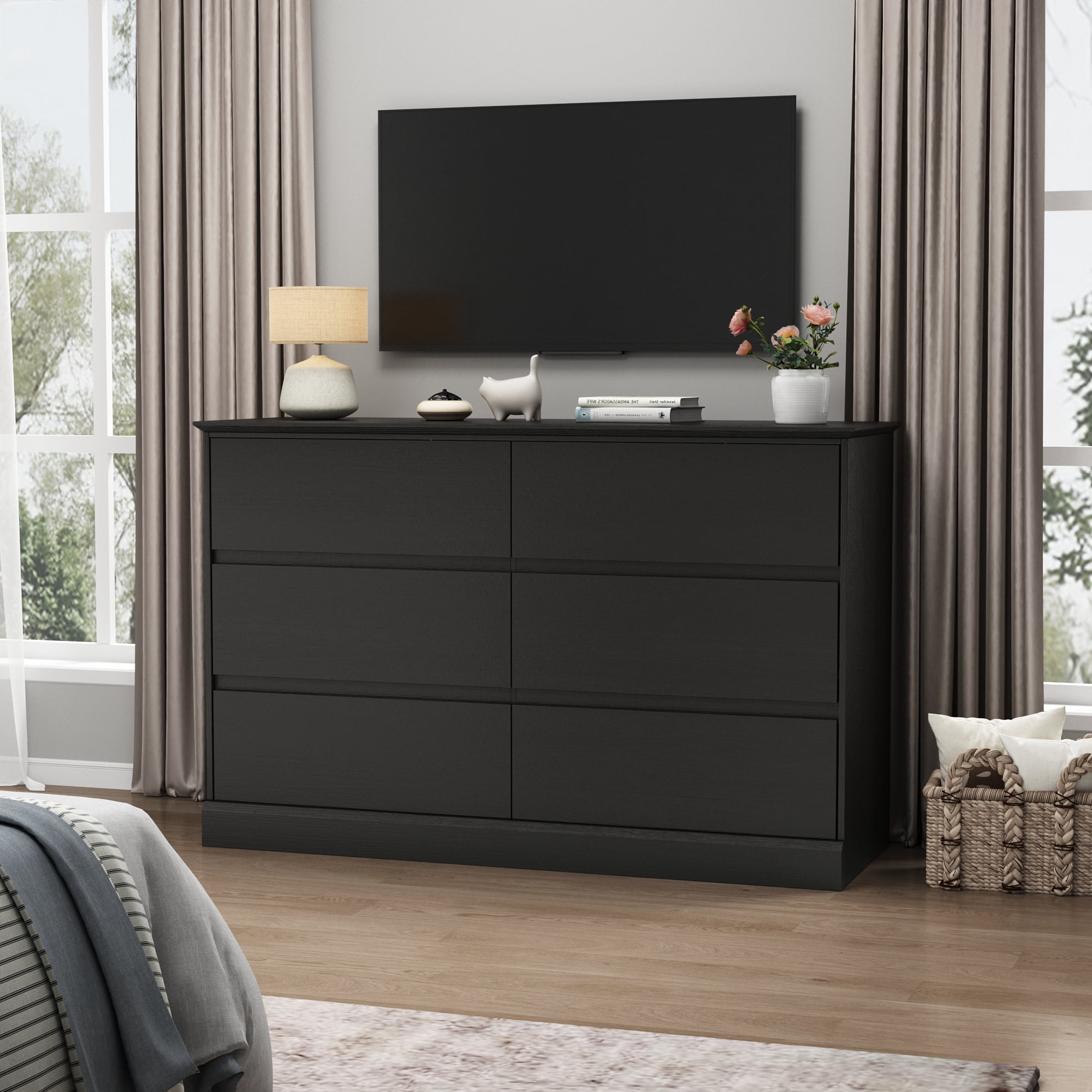 Black Dresser 6 Drawer Dresser Chests of Drawers Wood Storage Side Large Cabinet for Bedroom Closet Living Room