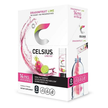 CELSIUS On-The-Go Essential Energy Powder Packs, Dragonfruit Lime (Pack of 14)