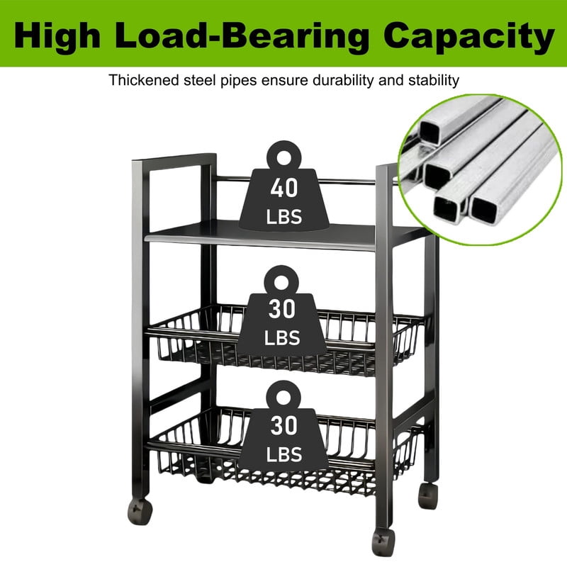 Howcool Heavy-Duty 3-Tier Storage Kitchen Cart with 2 Detachable Mesh Baskets, Metal Storage Organizer Rolling Rack