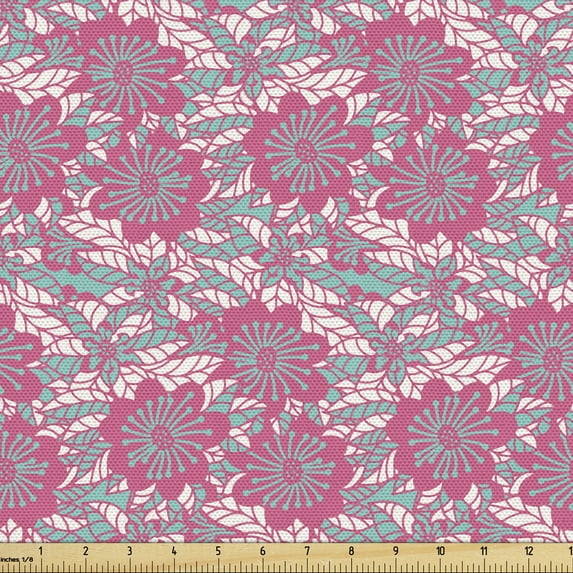 Leaf Fabric by the Yard, Illustration of Blossoming Nature Abstract Pastel Toned Design, Upholstery Fabric for Dining Chairs Home Decor Accents, 5 Yards, Sea Green Pale Pink by Ambesonne