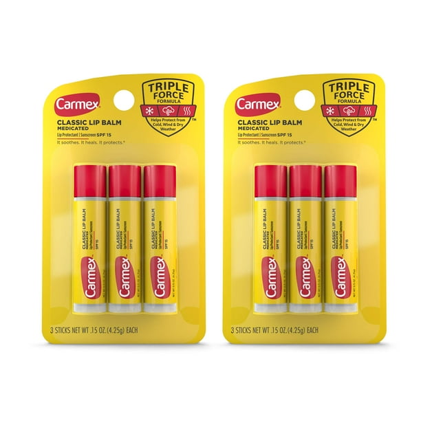 Carmex Bálsamo labial medicado en barra hidratante para labios secos y agrietados 0.15 oz – (2 paquetes de 3)