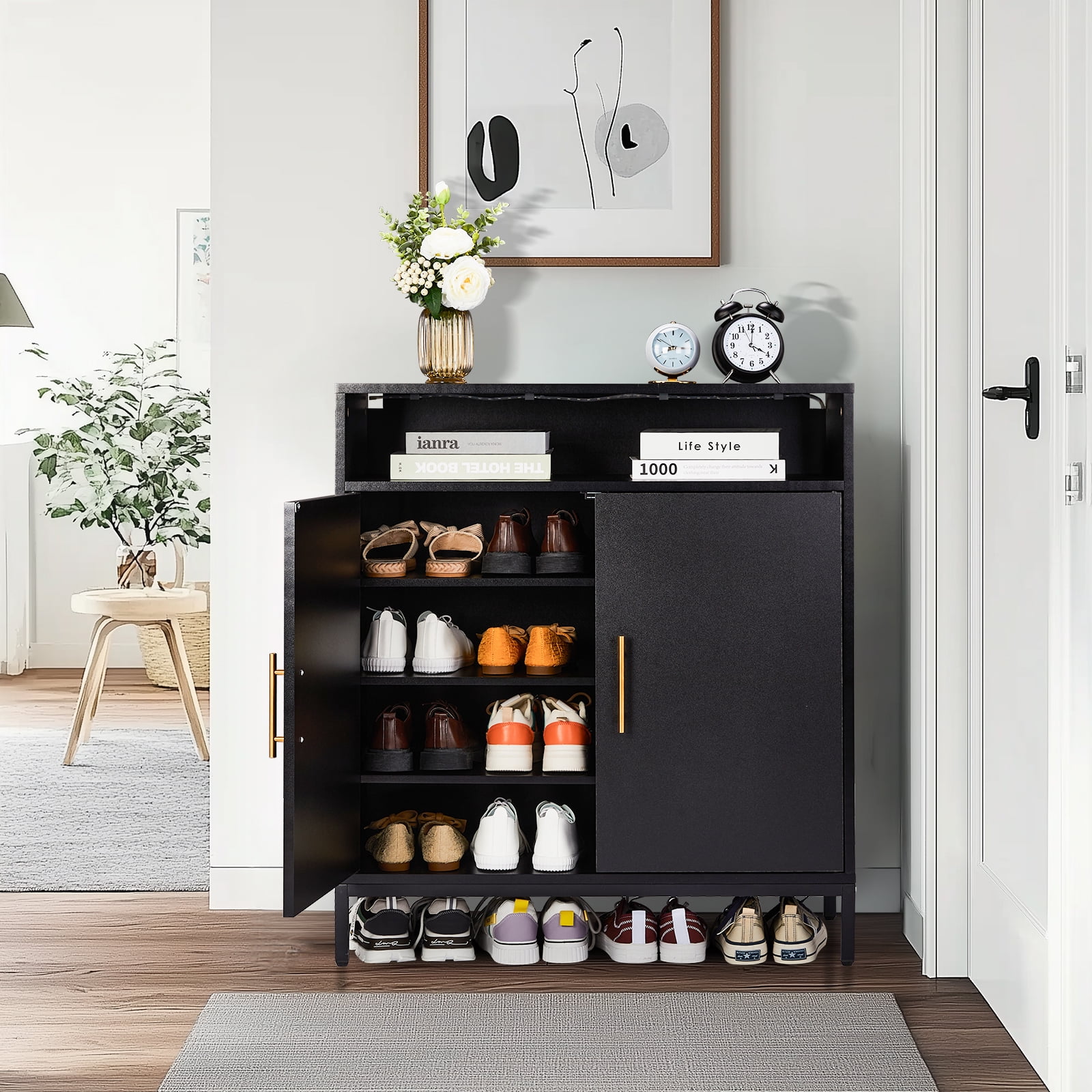 Dual Function Shoe Storage Cabinet with 6-Layer Adjustable Shelves LED Sensor Light Double Door High Foot Black Particle Board Home Organizer