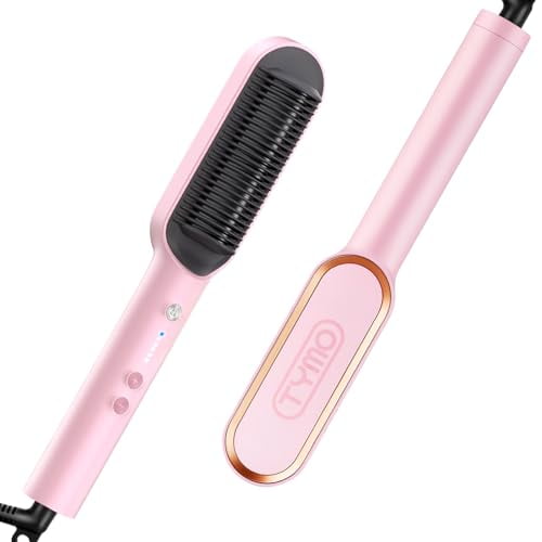 Hair Straightener Brush, TYMO Ring Hair Straightener Comb Straightening Brush for Women with 5 Temps 20s Fast Heating & Dual Voltage, Pink