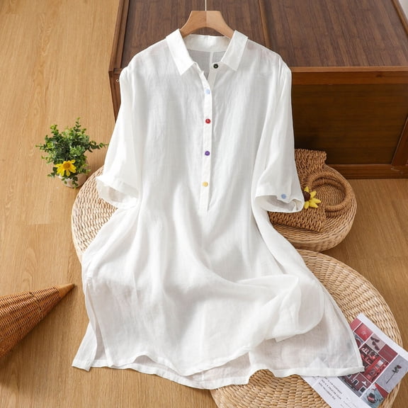 FDGIU 2026 Summer Women's Henley Tunic Shirt Dress, Half Sleeve Casual Loose Blouse with Buttons