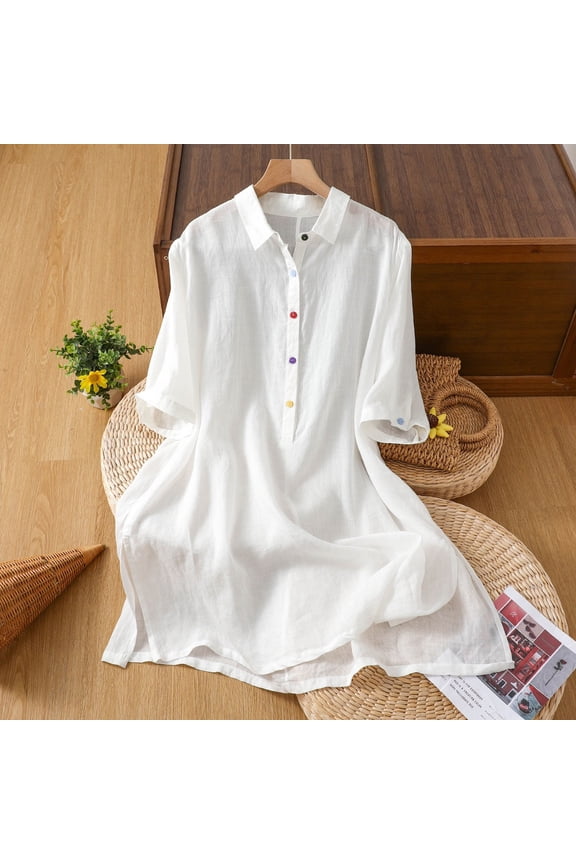 Women's Linen Blend Collared Half Button Tunic Top Colorful Button Side Slit Casual Long Blouse