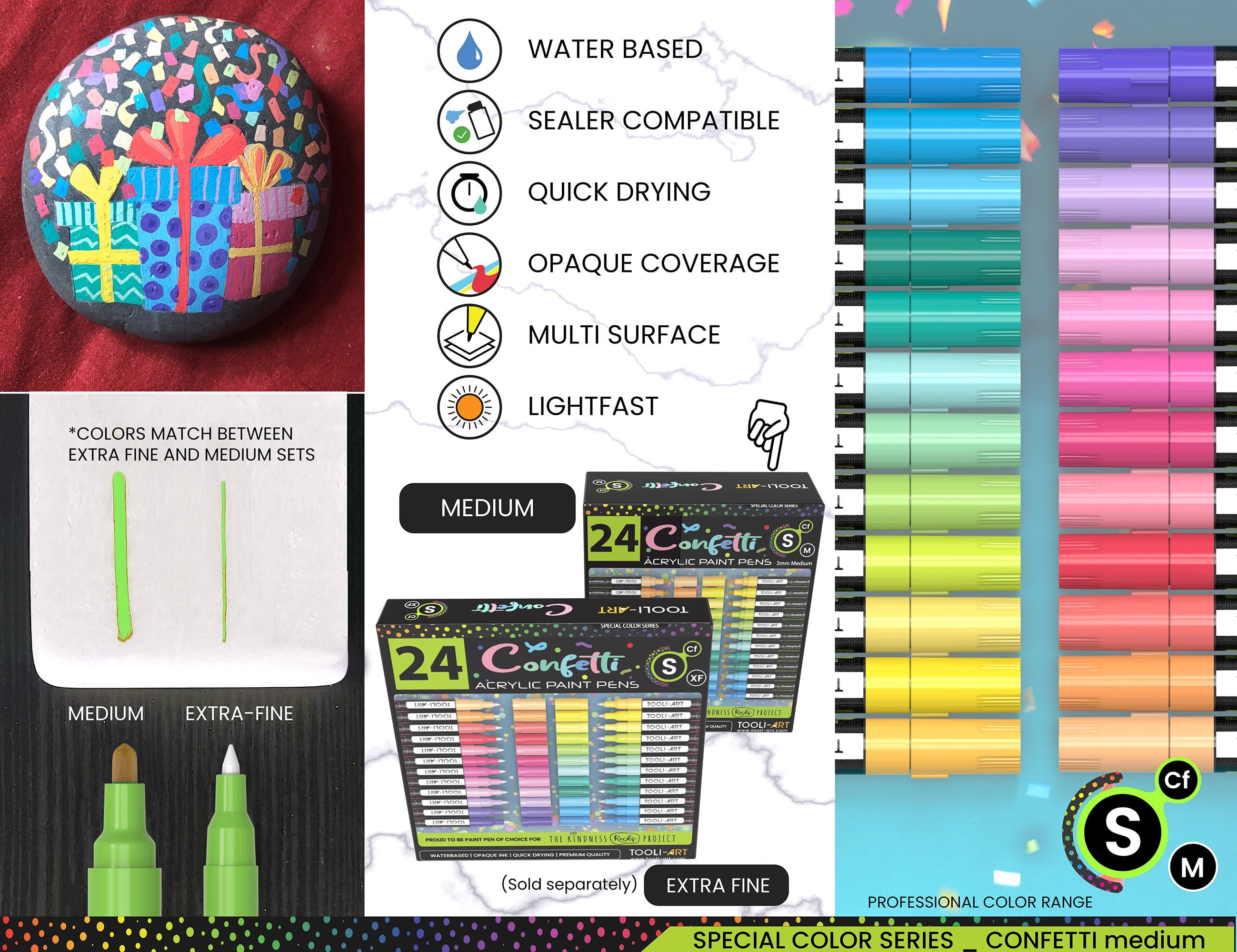 24 Confetti Colors Acrylic Paint Pens Markers Set 3mm Medium Tip