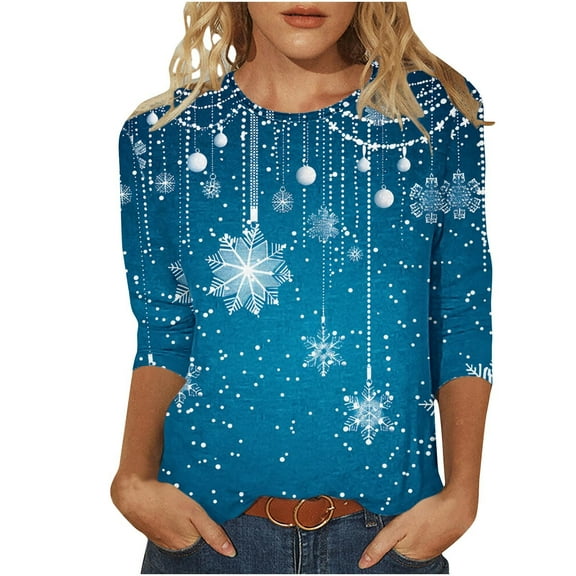 GA WEIHUA Reduced,Women's Casual 3/4 Sleeve T-Shirts Round Neck Cute Tunic Tops Graphic Basic Tees Blouses Loose Fit Pullover(Sky Blue,XX-Large)