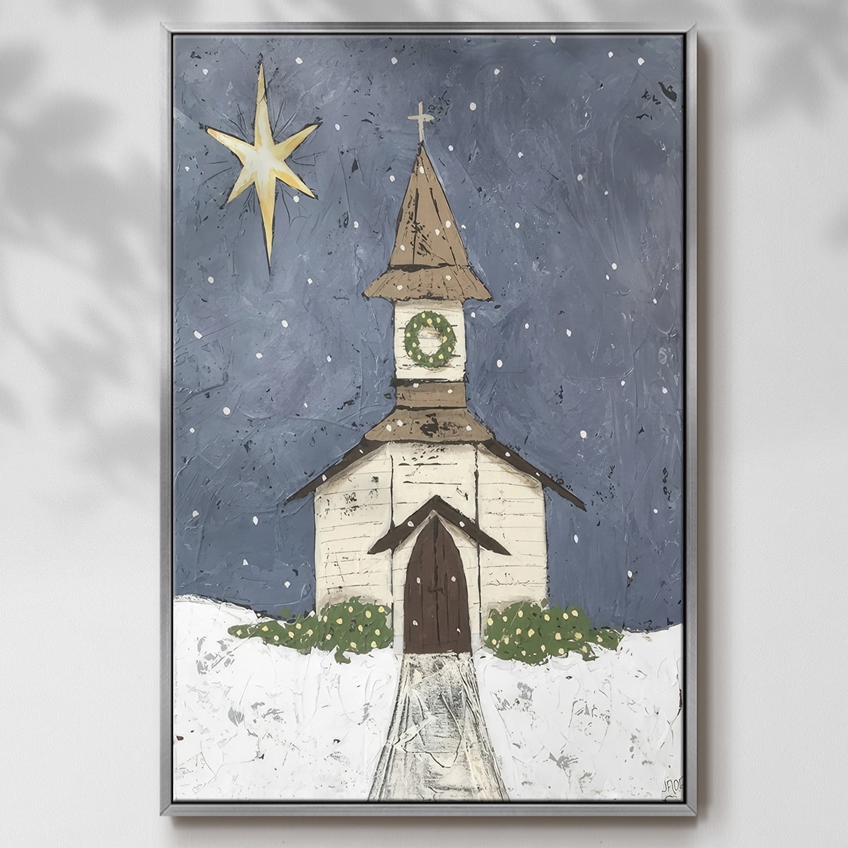 A Silent Night III - Framed Gallery Wrapped Holiday Canvas - 25 x 37 - Silver Frame