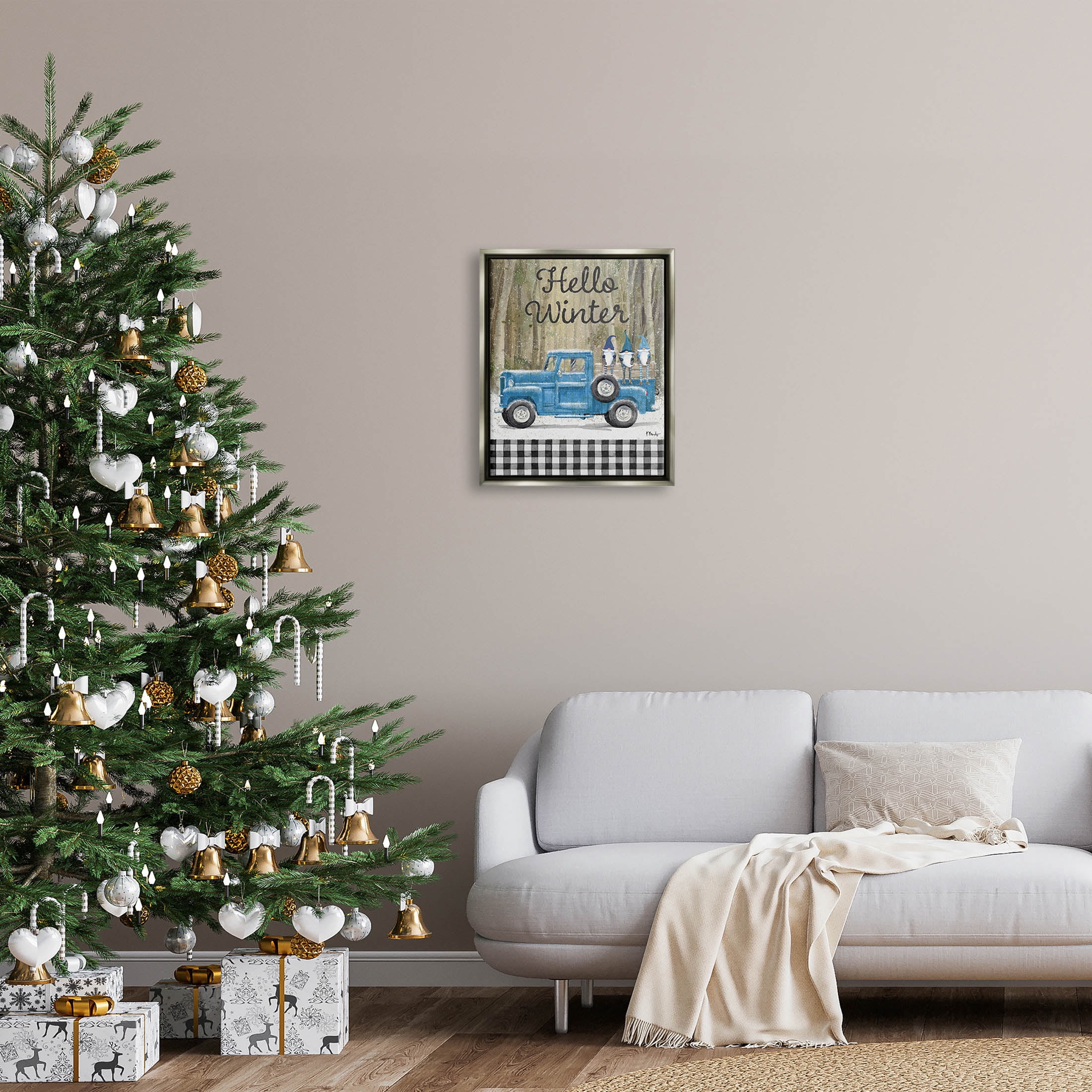 Stupell Industries Hello Winter Plaid Gnomes Graphic Art Luster Gray Floating Framed Canvas Print Wall Art, Design by Paul Brent