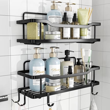 TSJUN Shower Caddy Shelf Organizer, Bathroom Shower Organizer with 4 Hooks, Wall-Mounted Shower Rack, No Drilling Rustproof Bathroom Shelf for Bathroom and Kitchen Storage