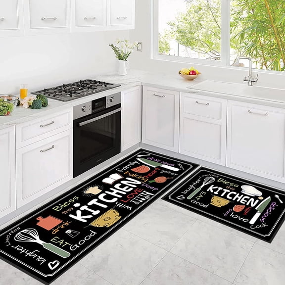 Kitchen Utensils Rugs Black Kitchen Mats for Floor 2 Piece, Anti Fatigue Floor Mat for Kitchen, Kitchen Floor Mats for in Front of Sink and Kitchen Matt for Standing for Kitchen Decor 17"X30" 17"X47"