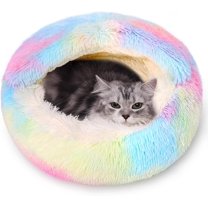 Calming Dog Beds & Cat Cave Bed with Hooded Cover,Removable Washable Round Beds for Small Medium Pets,Anti-Slip Faux Fur Fluffy Coved Bed for Improved Sleep,Fits up to 15/25 lbs(Colorful,M)