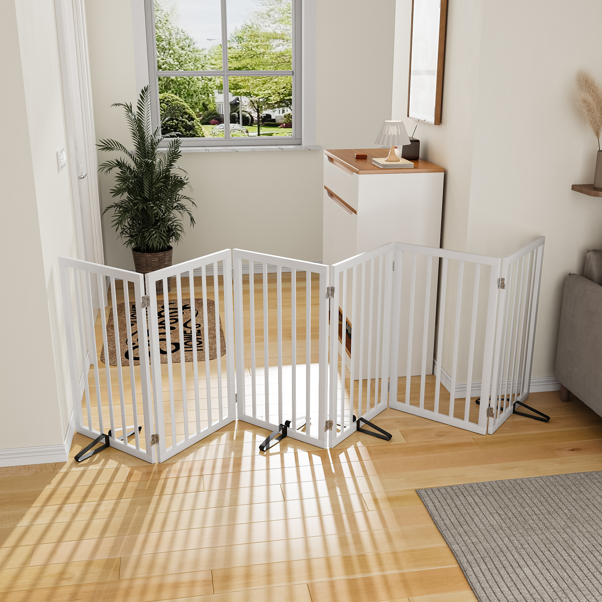 Smart FENDEE 33" Tall Foldable Bamboo Freestanding Pet Gate with Dog Gate and Four Support Feet, Expands to 110 in Wide