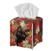 Psesaysky PU Leather Waterproof Tissue Box Holder Black Cat, Square Napkin Facial Tissues Boxes Dispenser,Fall Maple Leaves Home Office Car Tissue Holder Decorative Container with Metal Button