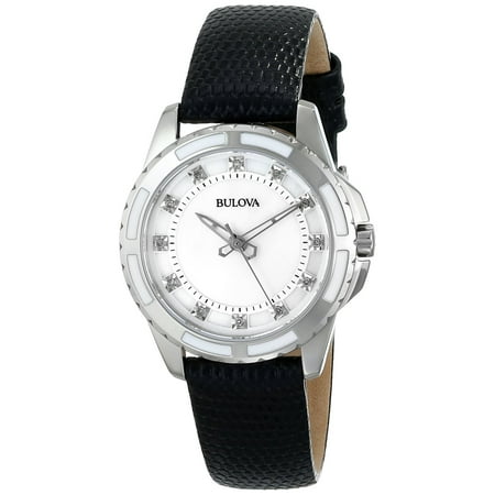 Bulova Womens Stainless steel case and leather strap White mother of pearl Dial Black Watch - 98P139