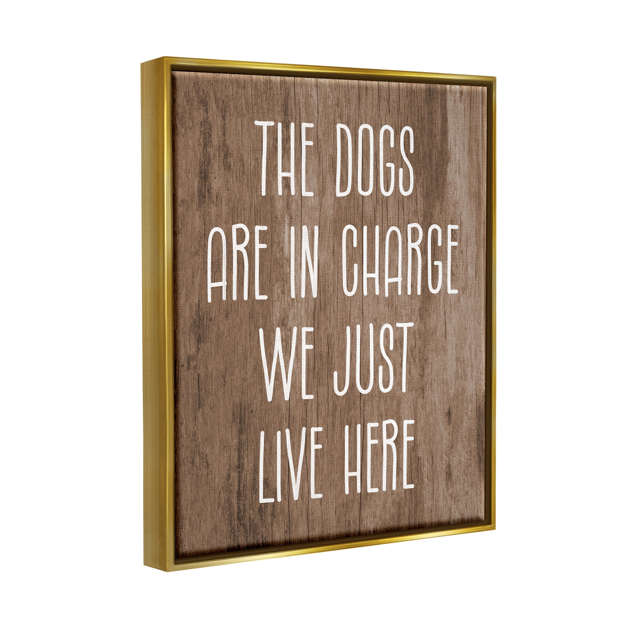 Stupell Industries Dogs In Charge Pet Phrase Inspirational Painting Gold Floater Framed Canvas Art Print Wall Art, 17 x 21