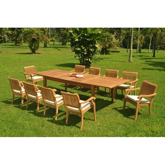 Grade-A Teak Dining Set: 10 Seater 11 Pc: 122" Atnas Double Extension Rectangle Table And 10 Arbor Stacking Arm Chairs Patio WholesaleTeak #WMDSWVm