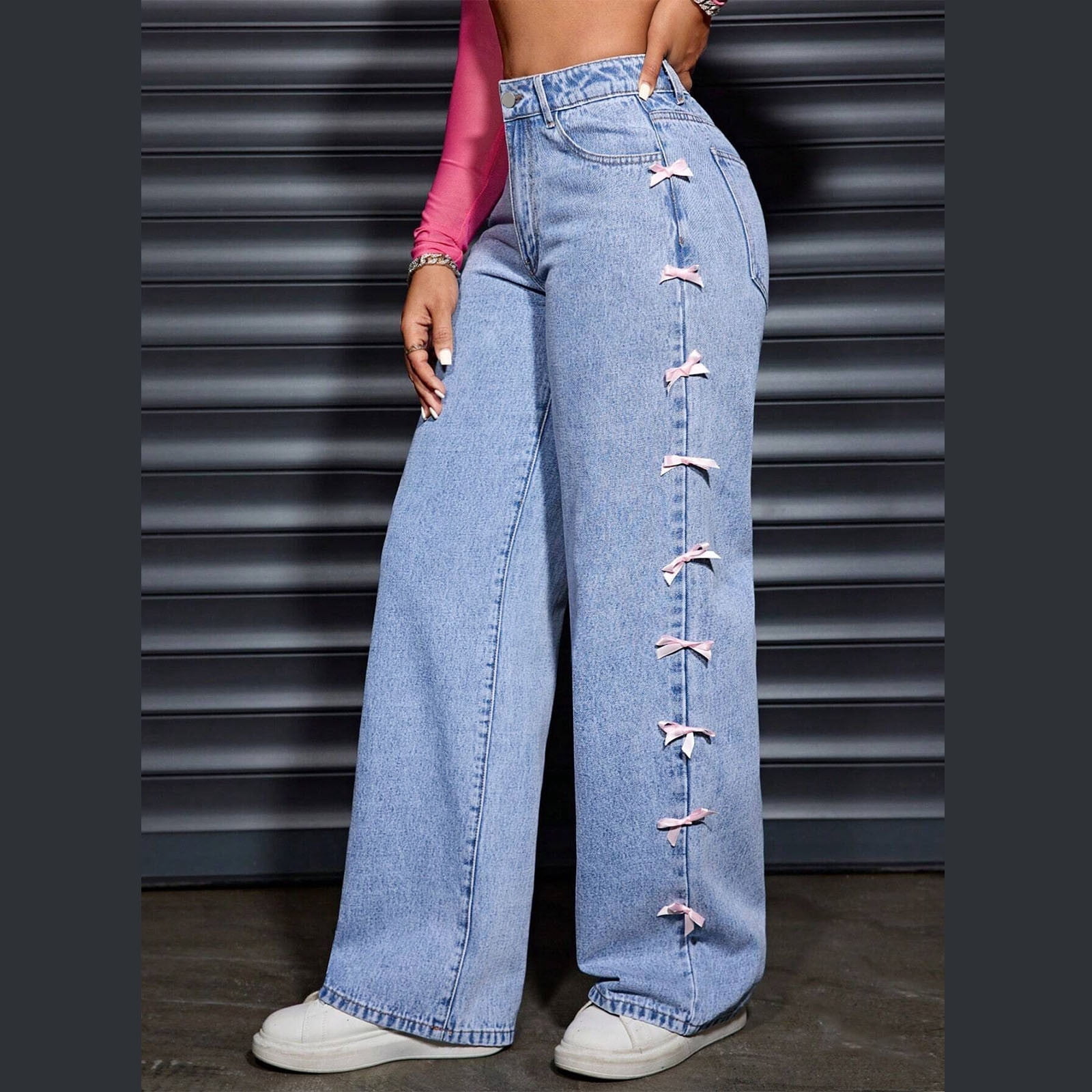 Ladies Casual Baggy Wide Leg Jeans with Pockets,High Waist Loose Fitting Straight Side Bow Washed Vintage Streetwear Denim Pants Light Blue M
