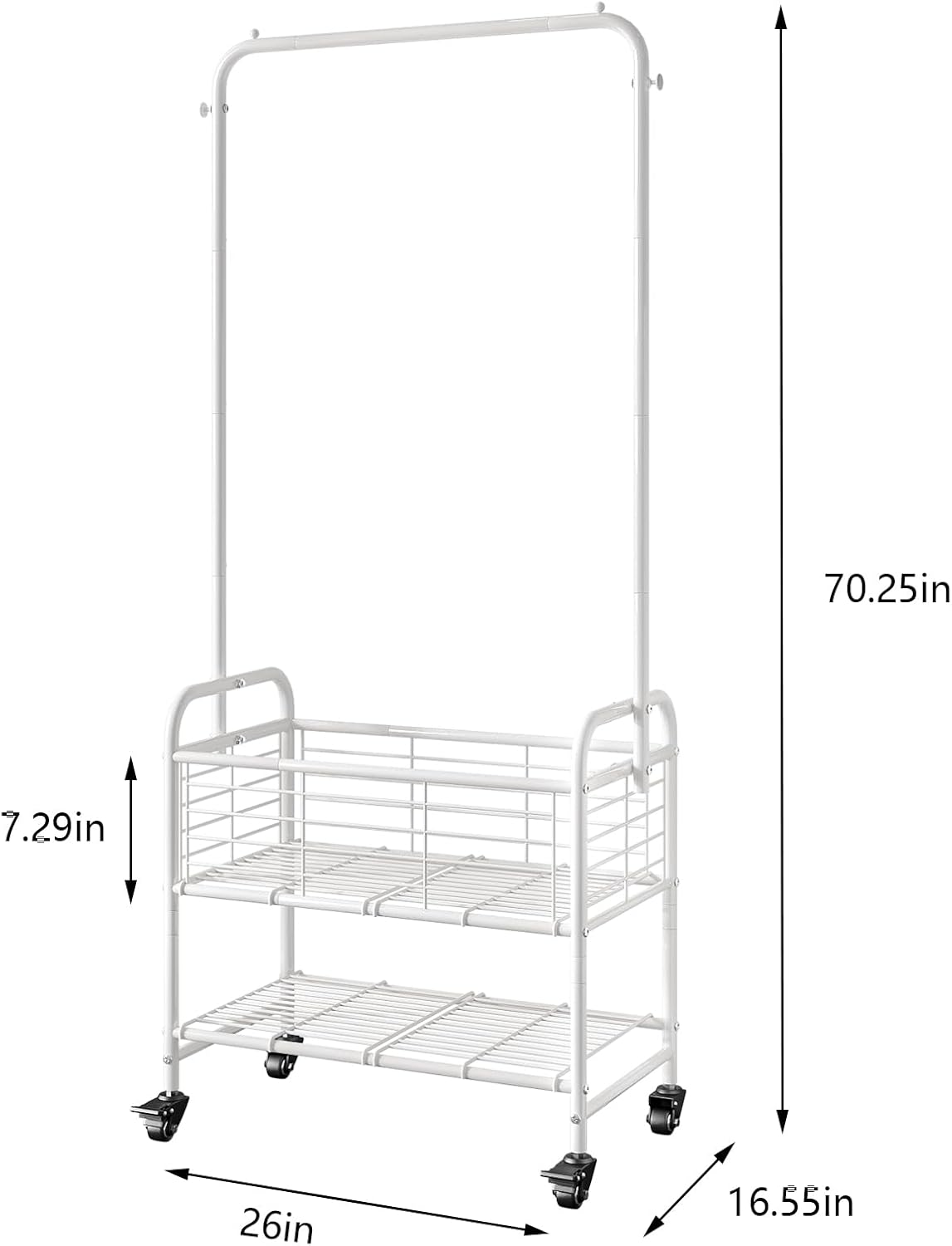 Laundry Basket with Wheels Rolling Laundry Hamper Laundry Sorter Cart Shelf Hanging Rack,White