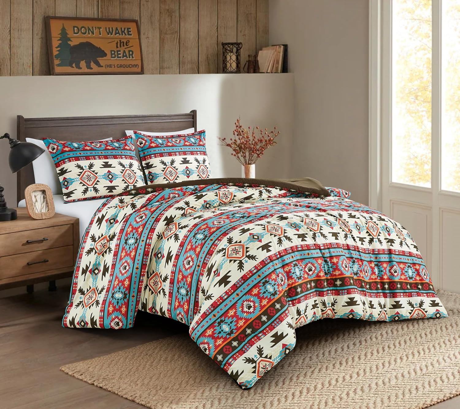 Chezmoi Collection Tona 2-Piece Southwestern Geometric Motif Comforter Set, Multicolor Red Brown Blue Cream Printed Washed Microfiber Bedding, Twin