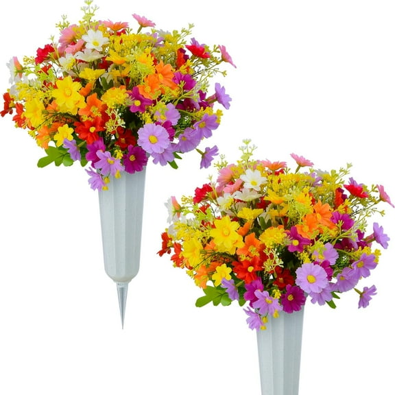 Artificial Cemetery Daisy Flowers Memorial Silk Daisy with Vase for Grave Headstone Decoration, Assorted Colors Daisy for Spring Summer Decoration