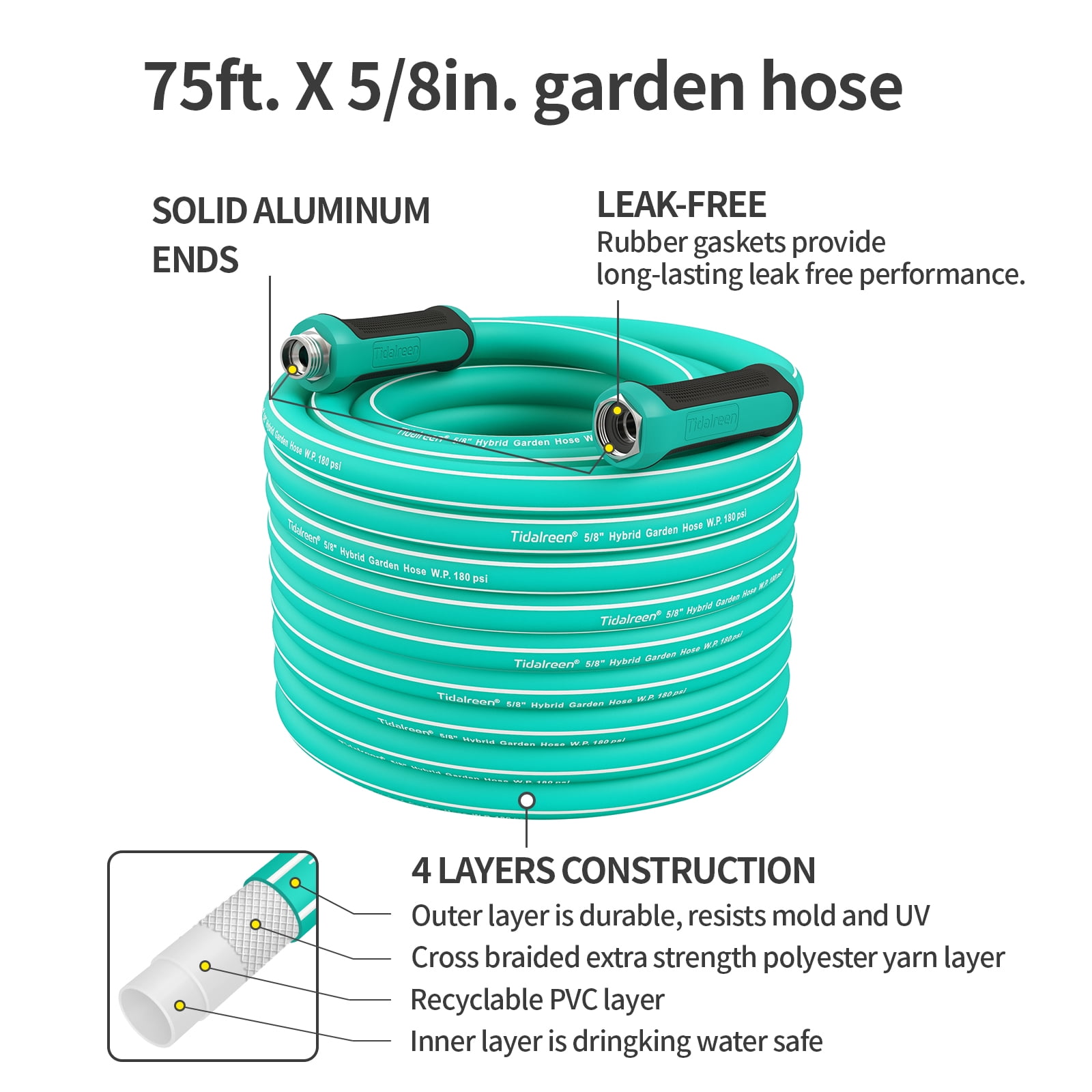 75ft X 5/8" Heavy Duty Garden Hose, 600PSI, Drinking Water Safe, No-Kink Water Hose for Outdoor, 3/4"GHT