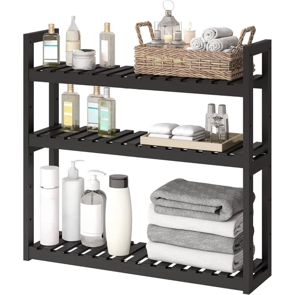 Bamboo 3-Tier Adjustable Bathroom Shelf | Wall Mounted Over The Toilet Storage Rack for Bathroom Kitchen Living Room Black