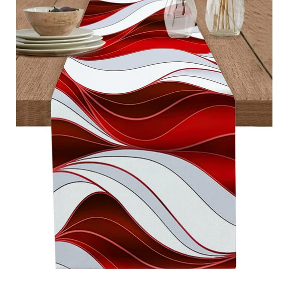 Table Runner Dresser Scarves 90 Inch Long, Abstract Geometric Wave Stripes Linen Dining Table Runners Burgundy Red White Gradient Tabletop Scarf for Wedding Holiday Party Kitchen