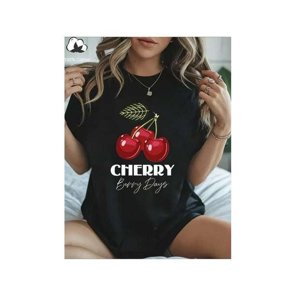 Cherry, CHERRY Printing, 100Cotton Women'S Casual Short Sleeve,Sisters Dress, Necessary for Outdoor Travel, Women'S Tshirt, Spring And Summer Tshirt