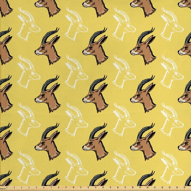 Antelope Fabric by The Yard, Side View Wild Animal Head with Antlers