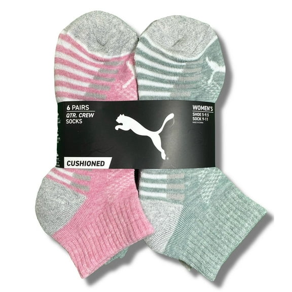 PUMA SOCKS WOMEN'S - QUARTER 253 - BLISS PINK GREEN - SHOE SZ 5-9.5 -PACK 6