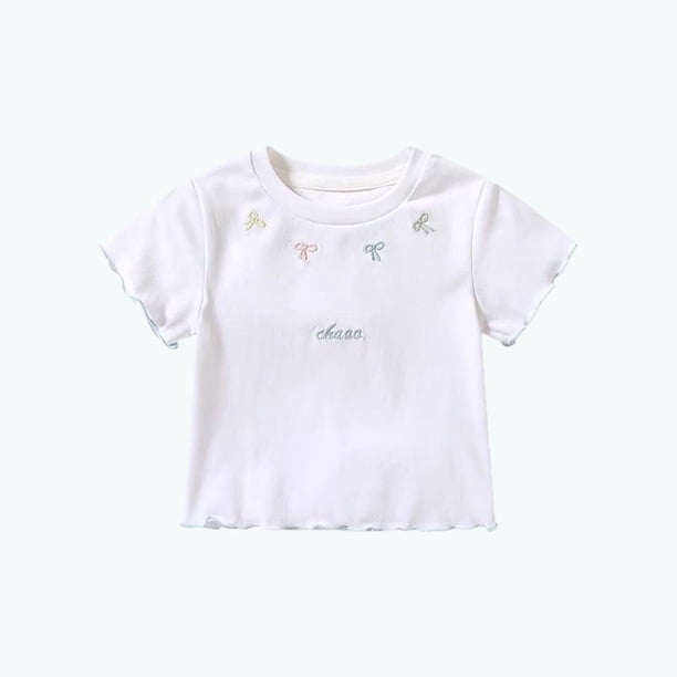 Blusas y camisas de manga corta con cuello redondo para niña, camiseta de verano con estampado de lazo, manga corta, top holgado y dulce de media manga para bebé, top de algodón para niña