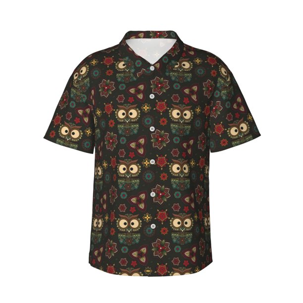 Fotbe Boho Owl Camisa Hawaiana para Hombre Unisex – Camisa Casual de Verano con Botones de Manga Corta de Algodón y Lino,X-Large
