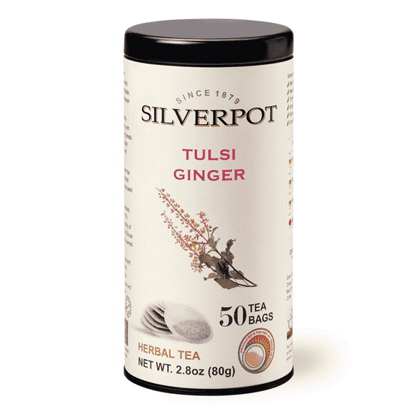 Silverpot Tulsi Ginger Tea - 50 Round Tea Bags | 100% Natural, Spicy & Antioxidant Rich Holy Basil | Caffeine Free