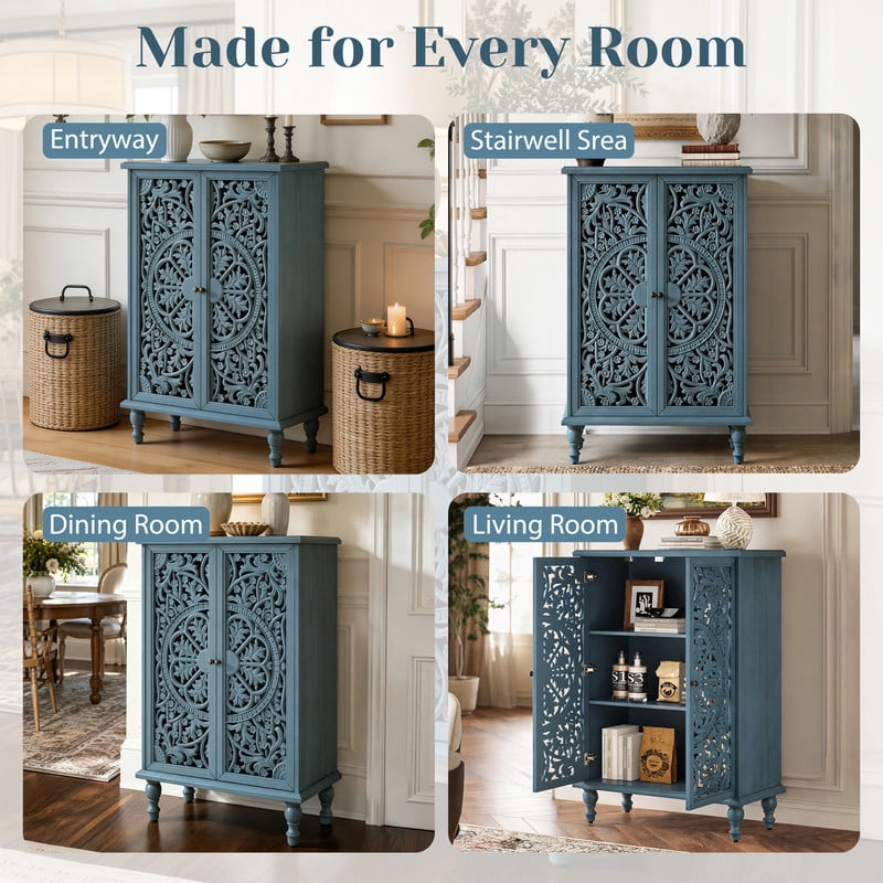 Freestanding Accent Storage Cabinet with Hollowed Out Carved Double Door, Farmhouse Display Buffet Chest with Adjustable Shelf