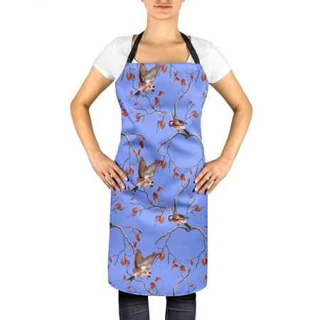

S4Sassy Blue Dry Leaves & Goldfinch Bird Unisex Cooking Apron Printed Chef Adjustable Neck BBQ Bib -24 x 32 Inches