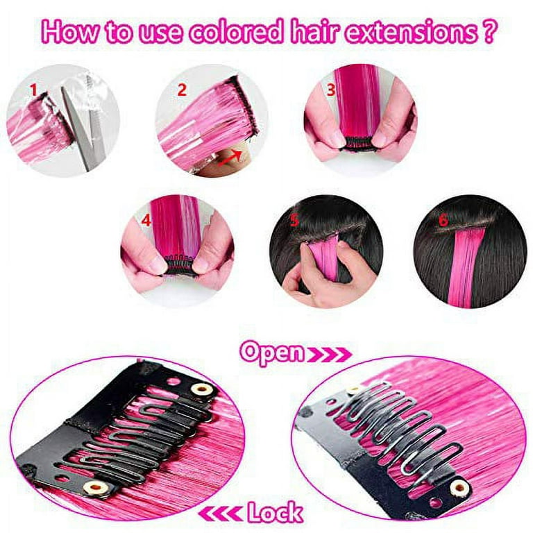 12 PCS Pink Hair Extensions Clip in, Colored Party Highlights