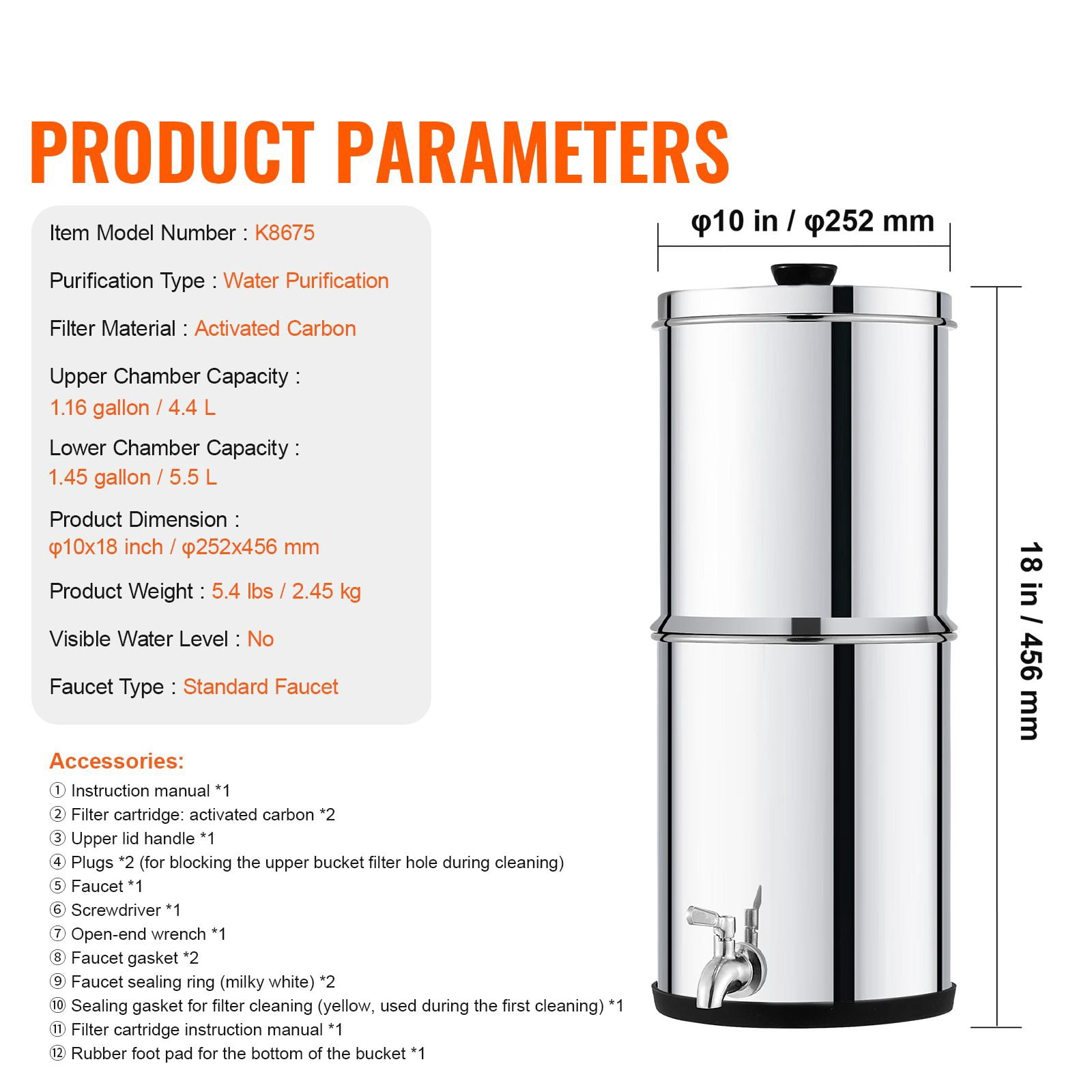 Gravity Fed Water Filter System 1.45 Gal, 304 Stainless Steel, Coconut Activated Carbon, 6000 Gallon Capacity, for Camping Off-Grid