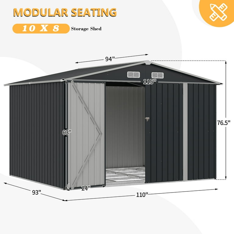 Aoxun 10'x 8' Metal Outdoor Shed with Base Frame, Lockable Door