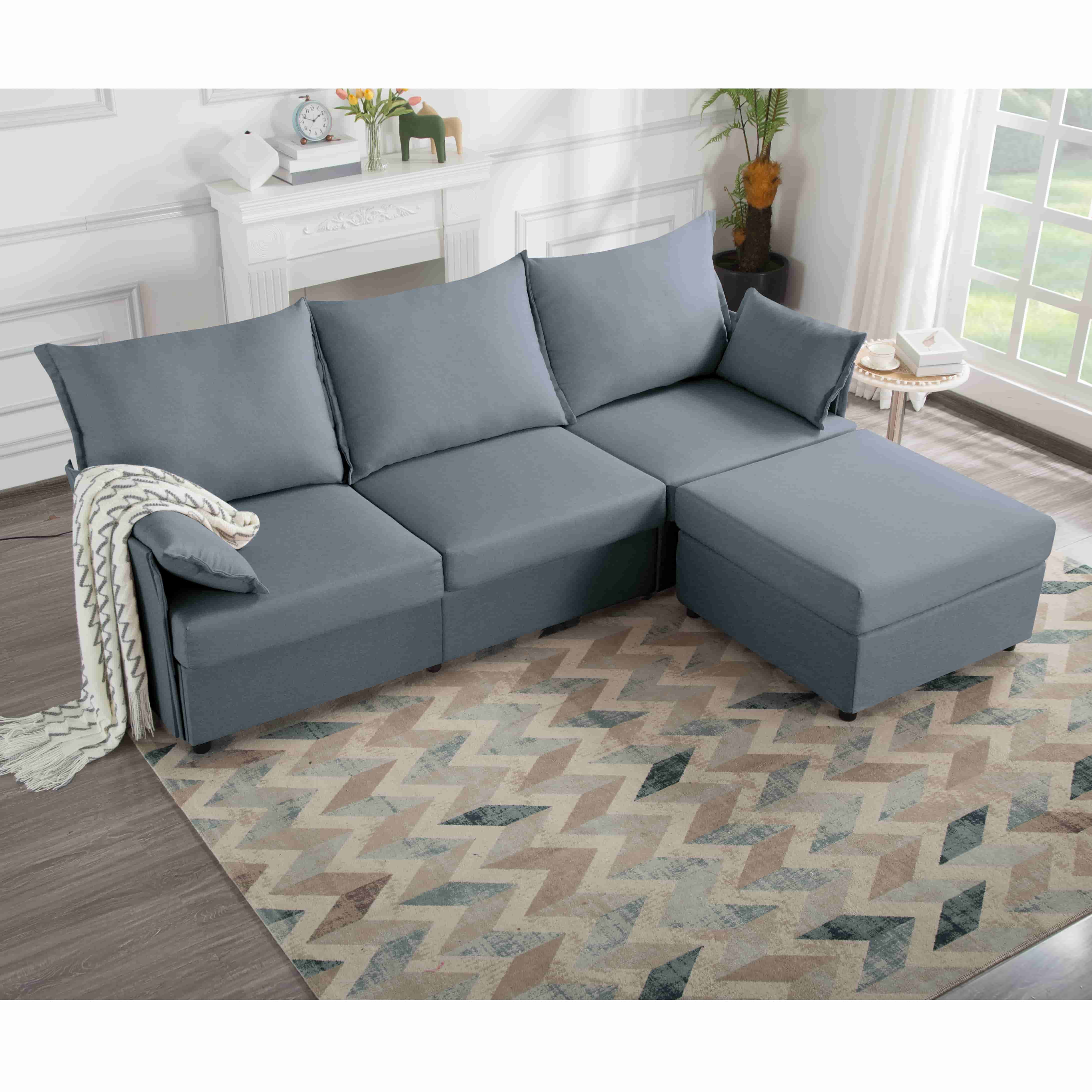 BSHTI 93.7” Modern Sectional Sofa With Ottoman,a Solid Wood and Iron Frame,Polyester Upholstery,Two Iincluded Armrest Pillows,Easy Cleaning,L-Shape Sofa Dark Gray