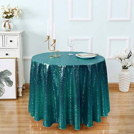 Kirsooku Teal Sequin Tablecloth Glitter Sparkly Iridescent Shimmer for Round Table Cloth 90 Inch Table Covers Decorations for Birthday Party Supplies Event Wedding Table Skirt Decor