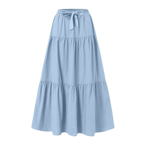 adviicd Women's Summer Boho Flowy Swing Tiered A-Line Maxi Skirt 2025 Fashion Trendy Elastic Waist Pleated Long Beach Skirts Sky Blue, L